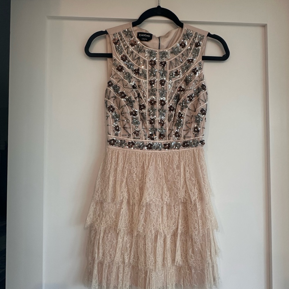bebe Beige and Silver Embellished Formal Dress